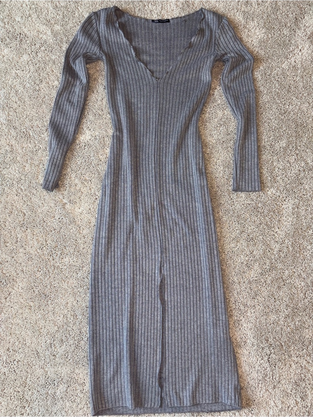 Zara Grey Ribbed Knit Long Sleeve Midi Dress Lettuce Trim Slit Size S